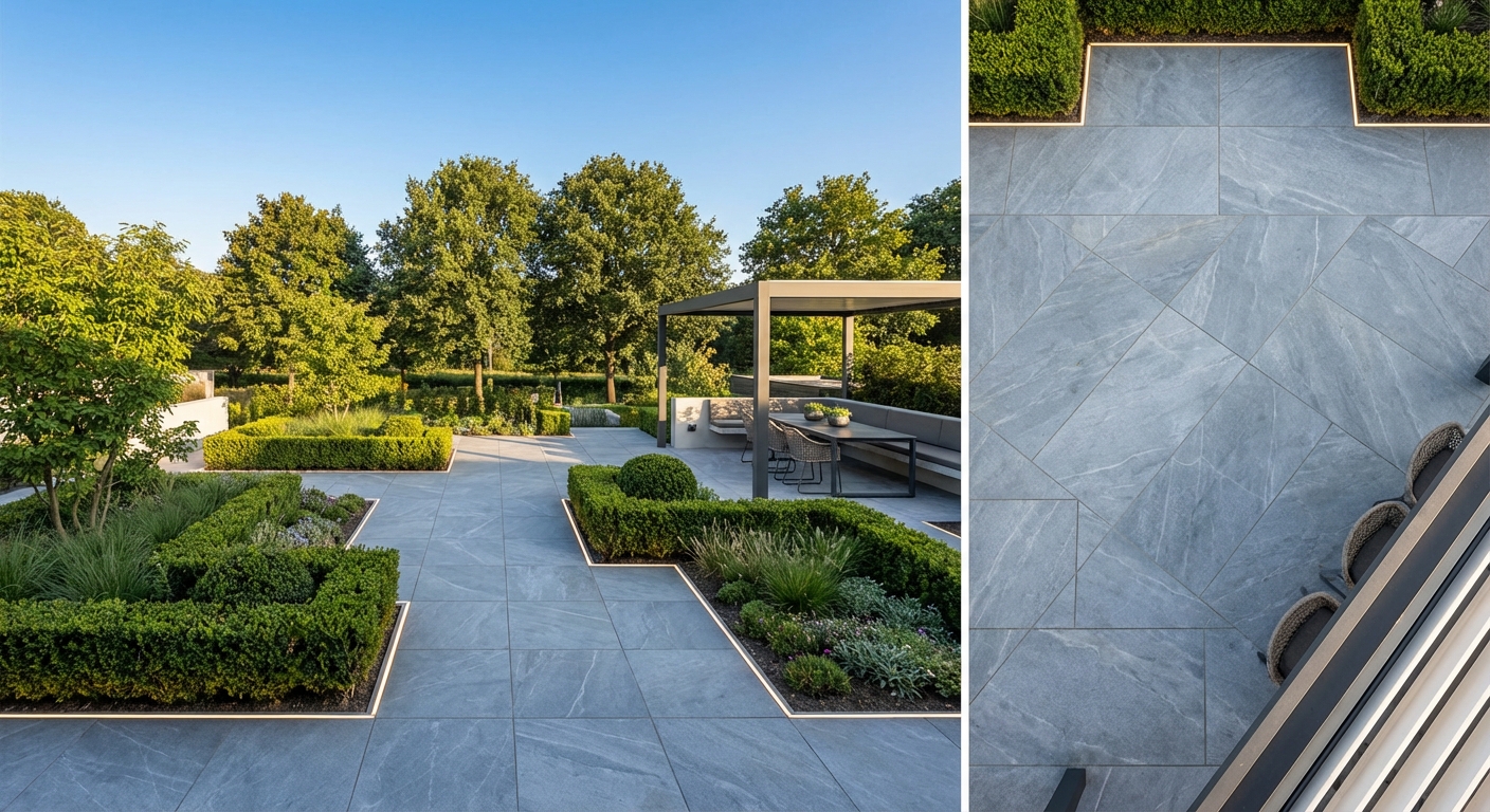 Premium terrasontwerp met natuursteen — exclusieve tuinaanleg