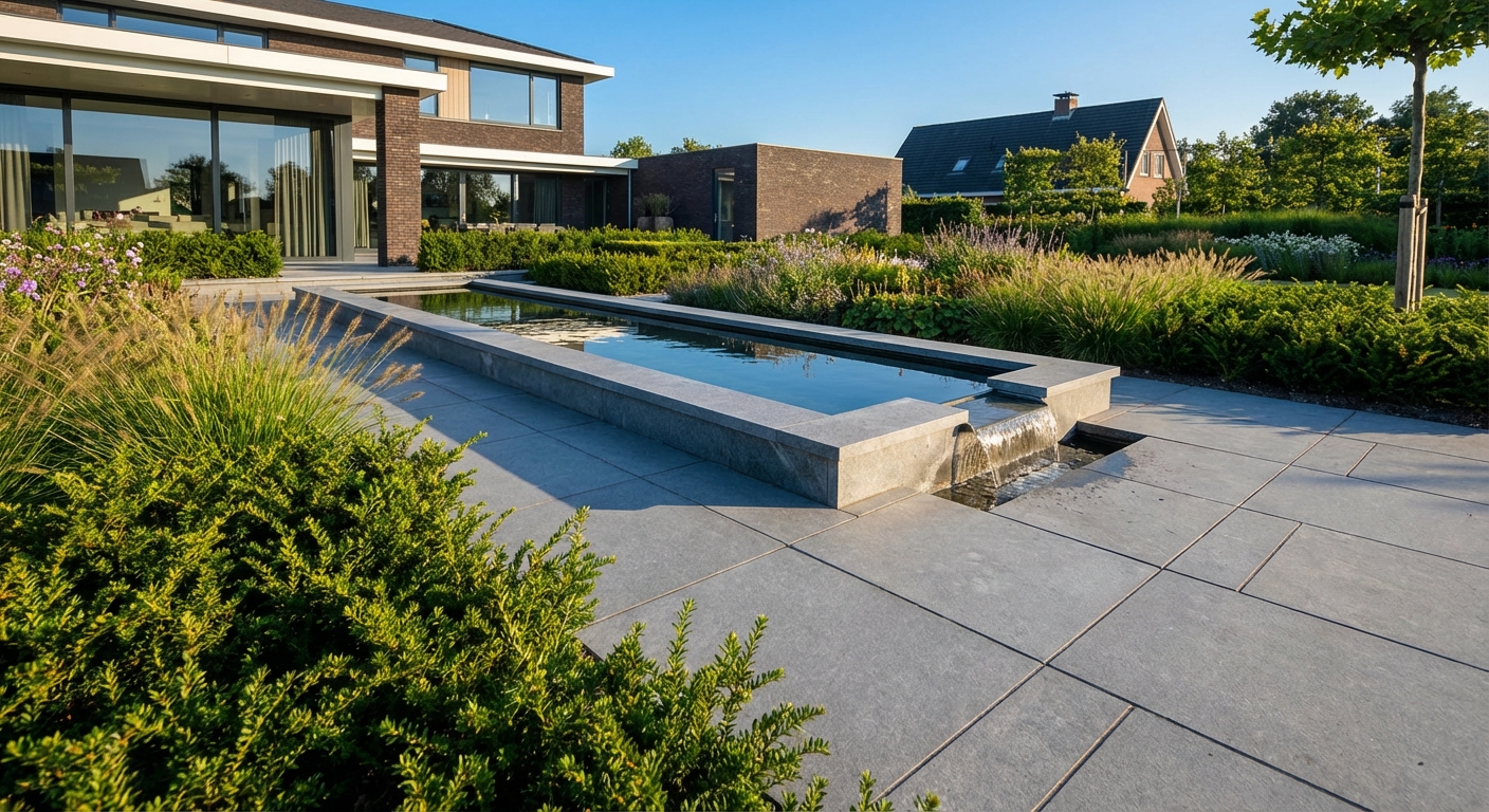 Moderne waterpartij in luxe tuin — exclusief tuinontwerp